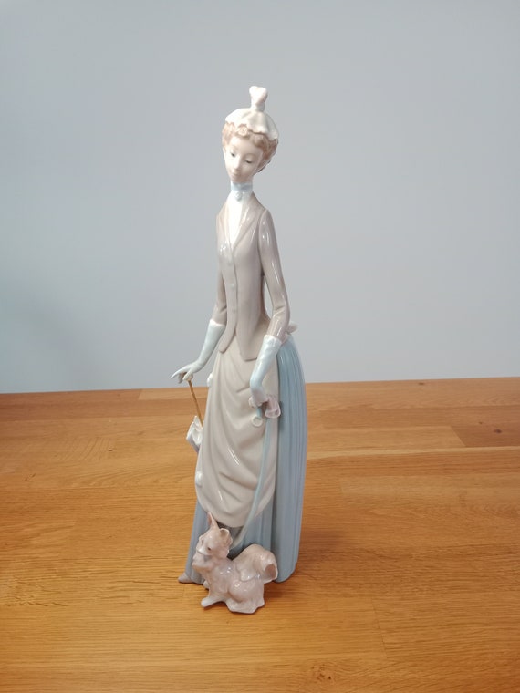 Vintage Lladro Figurine, Woman with Umbrella and Papillon Dog, 14"