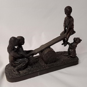 Genesis Fine Arts Seesaw children and dog figurine, made in Mullingar, Ireland, collectable, cast resin, bronze look