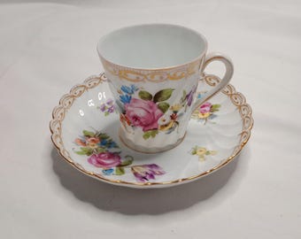 Antique Meissen Dresden Cup and Saucer: Hand-Painted Floral Design, late 18th century or early 19th c., vibrant, great condition, Germany
