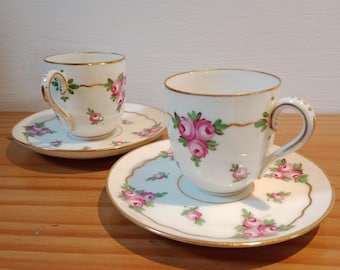 Antique Meissen Dresden Cups and Saucers, Hand-Painted Floral Porcelain