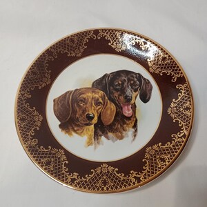 May include: A brown and white ceramic plate with a gold rim and a decorative design. The plate features a portrait of two dachshund dogs.