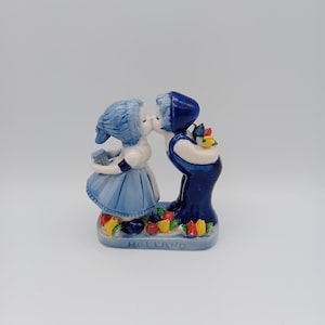 Hand-painted Dutch Blue and White Ceramic Figurine of Kissing Couple with Coloured Flowers, hand curated, perfect condition