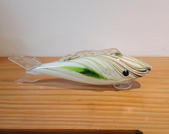 Vintage Murano Style Art Glass Hand Blown Mottled Abstract Fish Sculpture Long, green and white with swirls, 9 1/4" long