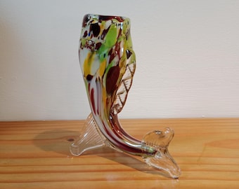 Murano Style Glass Fish Bud Vase, Multicolored Accent Decor