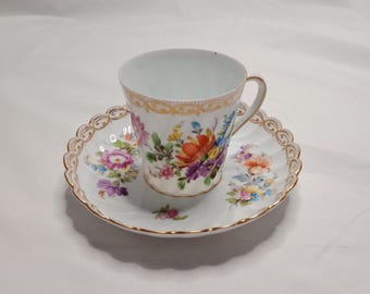 Antique Meissen Dresden Cup and Saucer: Hand-Painted Floral Design, delicate, great condition, dated late 19th century or early 20th century