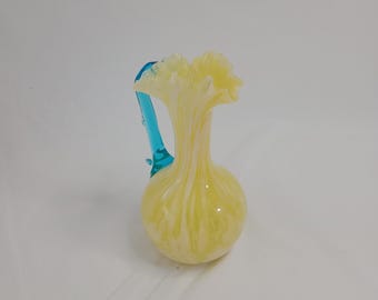 Vintage Hand Blown Glass Pitcher: Ruffled Top, Thorn Handle, Yellow & Blue
