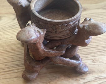 Vintage HandCrafted 100% Teak Wood Bowl And Stand Naga Decoration Thai Origin