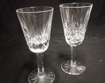 A pair of Waterford Crystal Lismore sherry glasses, vintage Irish, sunburst base, set of 2, Ireland, 5 18" high, high quality Irish crystal