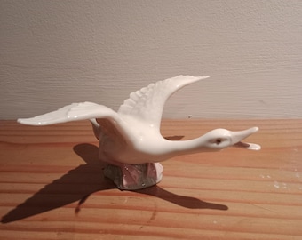 Vintage Lladro Figurine, Goose, white, with wings wide spread, flying goose, open beak, graceful, 6" long, 2.5" high