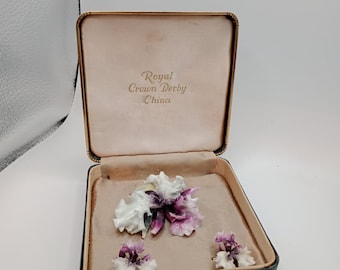 Jaren 40 Royal Crown Derby porseleinen broche en oorbellen set, vintage handgemaakt Engeland, originele doos