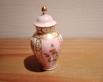 Small Dresden pink and gold miniature vase / urn with lid, German fine bone china, late 1800s or early 1900s