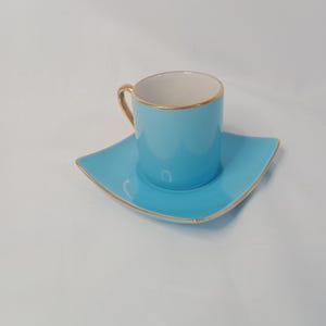 Silea Espresso Cup and saucer, blue with gold gilt, Bone China, Vintage, square matching saucer, cup 2&quot; high, saucer 3 3/4&quot; wide