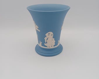 Vintage Wedgwood Jasperware blue small vase, ceramic made in England, decorated with cameo style neo-classical relief, mythology, 1970s, 4&quot;H