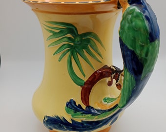 Vintage Burleigh Ware Art Deco 1930s Parrot Jug 18cm Tall, English, made in England, vivid yellow and green, exotic bird, European pottery