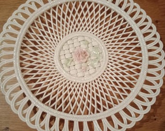 Irish Donegal Parian China woven fine bone china decorative plate, 8.5" small pink rose, highly decorative and delicate, made in Ireland