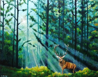 Titel: 'Deer in Sun', Öl auf Leinwand, 20x24 Zoll Kostenloser Versand in USA & Kanada.