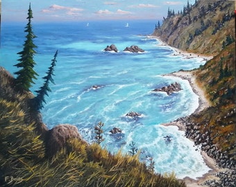 Title : 'Bay in Oregon', Oil on Wood Panel, 16x20 in., Free Shipping in US & Canada