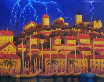 Title : 'Lightning at Côte d'Azure', Oil on Canvas, 18x24 in. Free Shipping in US & Canada.