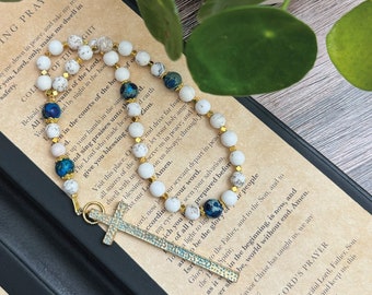 Anglican Prayer Beads, St James, 14k gold caps, blue Imperial jasper, white Turquoise, gold patina cross, liturgy, rosary, Christian