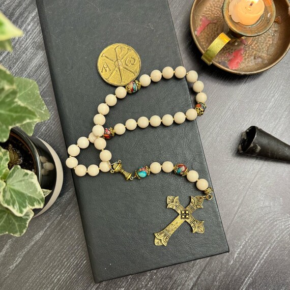 Anglican Prayer Beads, Joseph, Gold Stone Spacers, Red and Blue