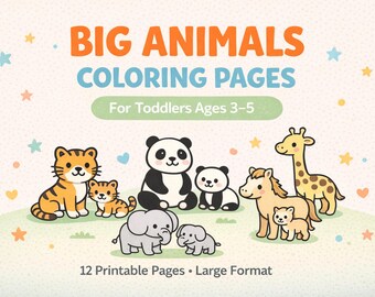 Set van 12 grote dierenkleurplaten voor kleuters (printbaar PDF-bestand)