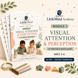 Può includere: Un set di giochi cerebrali stampabili intitolato LittleMind Academy Module 1 Visual Attention & Perception per bambini dai 3 ai 6 anni. La copertina mostra due bambini che lavorano su schede, circondati da una lente d'ingrandimento, matite e forme in legno.