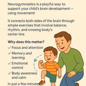 Op de afbeelding: Illustratie die neurogymnastiek uitlegt. Een kind in een oranje gestreept shirt en groene korte broek oefent een beweging met een volwassene. De tekst legt de voordelen van neurogymnastiek voor de hersenontwikkeling uit.