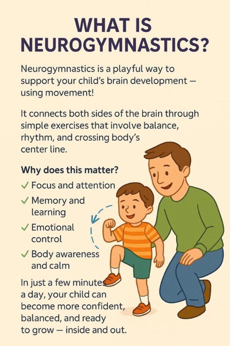 Op de afbeelding: Illustratie die neurogymnastiek uitlegt. Een kind in een oranje gestreept shirt en groene korte broek oefent een beweging met een volwassene. De tekst legt de voordelen van neurogymnastiek voor de hersenontwikkeling uit.