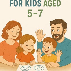 Peut inclure: Illustration de la couverture d'un livre intitulé "Neurogymnastique pour les enfants de 5 à 7 ans". L'image montre une famille de quatre personnes, deux enfants et deux adultes, souriant et saluant. Le sous-titre est "Développement cérébral ludique par le mouvement et la connexion."