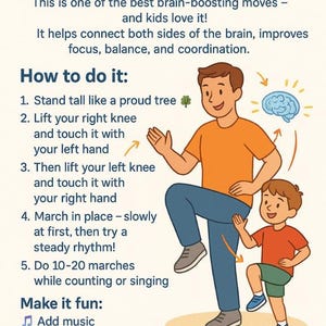 Op de afbeelding: Illustratie van de Cross-Crawl March-oefening. De afbeelding toont een vader en kind die de oefening demonstreren, met instructies en voordelen. De tekst bevat "Oefening 1.1 Cross-Crawl March" en "Hoe het te doen:" met genummerde stappen.