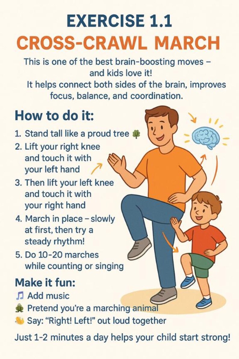 Op de afbeelding: Illustratie van de Cross-Crawl March-oefening. De afbeelding toont een vader en kind die de oefening demonstreren, met instructies en voordelen. De tekst bevat "Oefening 1.1 Cross-Crawl March" en "Hoe het te doen:" met genummerde stappen.