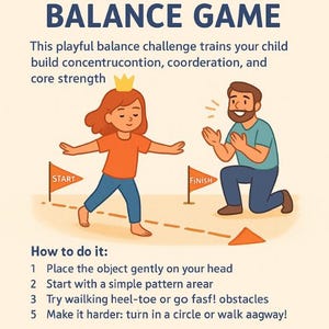 Op de afbeelding: Illustratie van een evenwichtsspel met een zitzak. Een kind met een kroon loopt naar een finishlijn, terwijl een volwassene klapt. De tekst bevat instructies en voordelen van het spel.