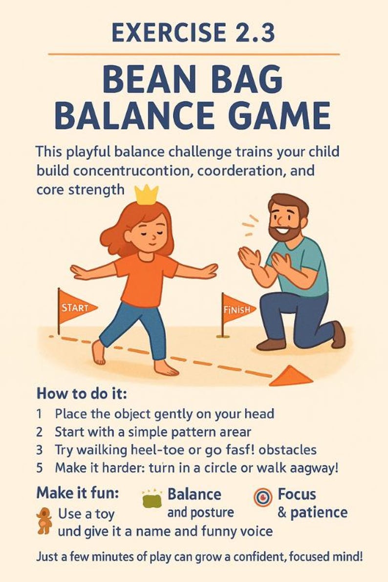 Op de afbeelding: Illustratie van een evenwichtsspel met een zitzak. Een kind met een kroon loopt naar een finishlijn, terwijl een volwassene klapt. De tekst bevat instructies en voordelen van het spel.