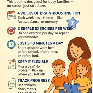 Op de afbeelding: Een ge&iuml;llustreerde gids getiteld "HOW TO USE THIS BOOK" met tekst die een eenvoudige wekelijkse routine voor gezinnen beschrijft. De afbeelding toont een moeder en twee kinderen die een boek lezen, met pictogrammen en tekst.