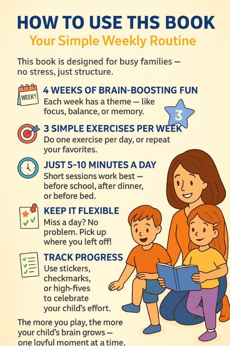 Op de afbeelding: Een ge&iuml;llustreerde gids getiteld "HOW TO USE THIS BOOK" met tekst die een eenvoudige wekelijkse routine voor gezinnen beschrijft. De afbeelding toont een moeder en twee kinderen die een boek lezen, met pictogrammen en tekst.