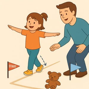 Op de afbeelding: Illustratie van een kind dat een koorddans uitvoert met een volwassene. De afbeelding bevat de tekst "EXERCISE 2.1 TIGHT-ROPE WALK" en vlaggen met het opschrift "START". Een teddybeer en iconen die evenwicht, lichaamsbeheersing en core strength vertegenwoordigen, zijn ook aanwezig.