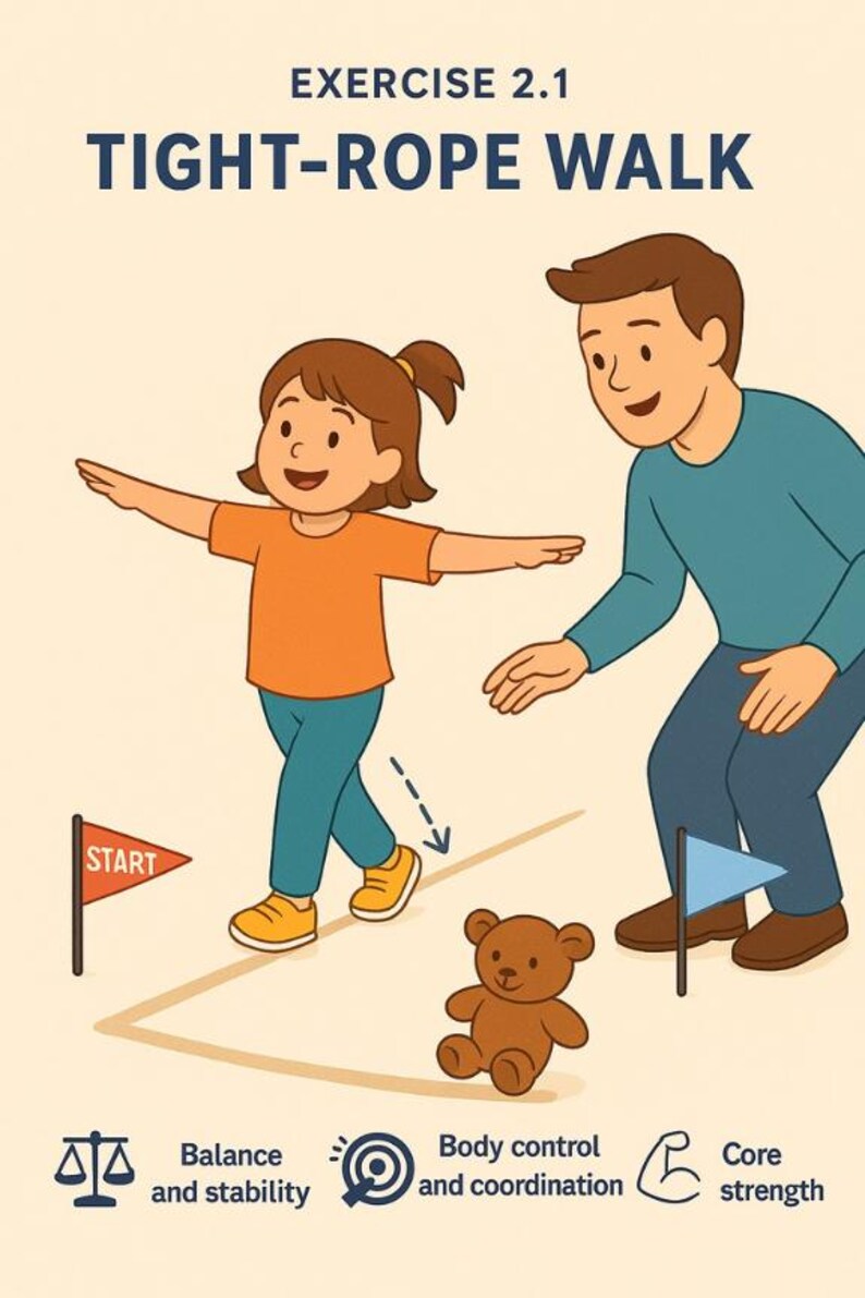 Op de afbeelding: Illustratie van een kind dat een koorddans uitvoert met een volwassene. De afbeelding bevat de tekst "EXERCISE 2.1 TIGHT-ROPE WALK" en vlaggen met het opschrift "START". Een teddybeer en iconen die evenwicht, lichaamsbeheersing en core strength vertegenwoordigen, zijn ook aanwezig.