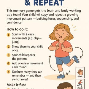 Op de afbeelding: Educatieve illustratie voor een geheugenspel. De tekst luidt "Oefening 3.3 Memory Move & Repeat." Een kind wordt getoond terwijl het springt, met instructies en illustraties voor het spel. Het spel richt zich op beweging en geheugen.