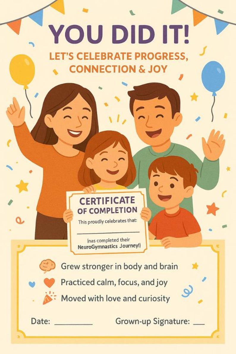 Op de afbeelding: Een kleurrijk certificaat met een familie die viert. De tekst luidt "YOU DID IT!" en "CERTIFICATE OF COMPLETION". Het certificaat benadrukt vooruitgang, verbinding en vreugde, met tekst over sterker worden en rust beoefenen.