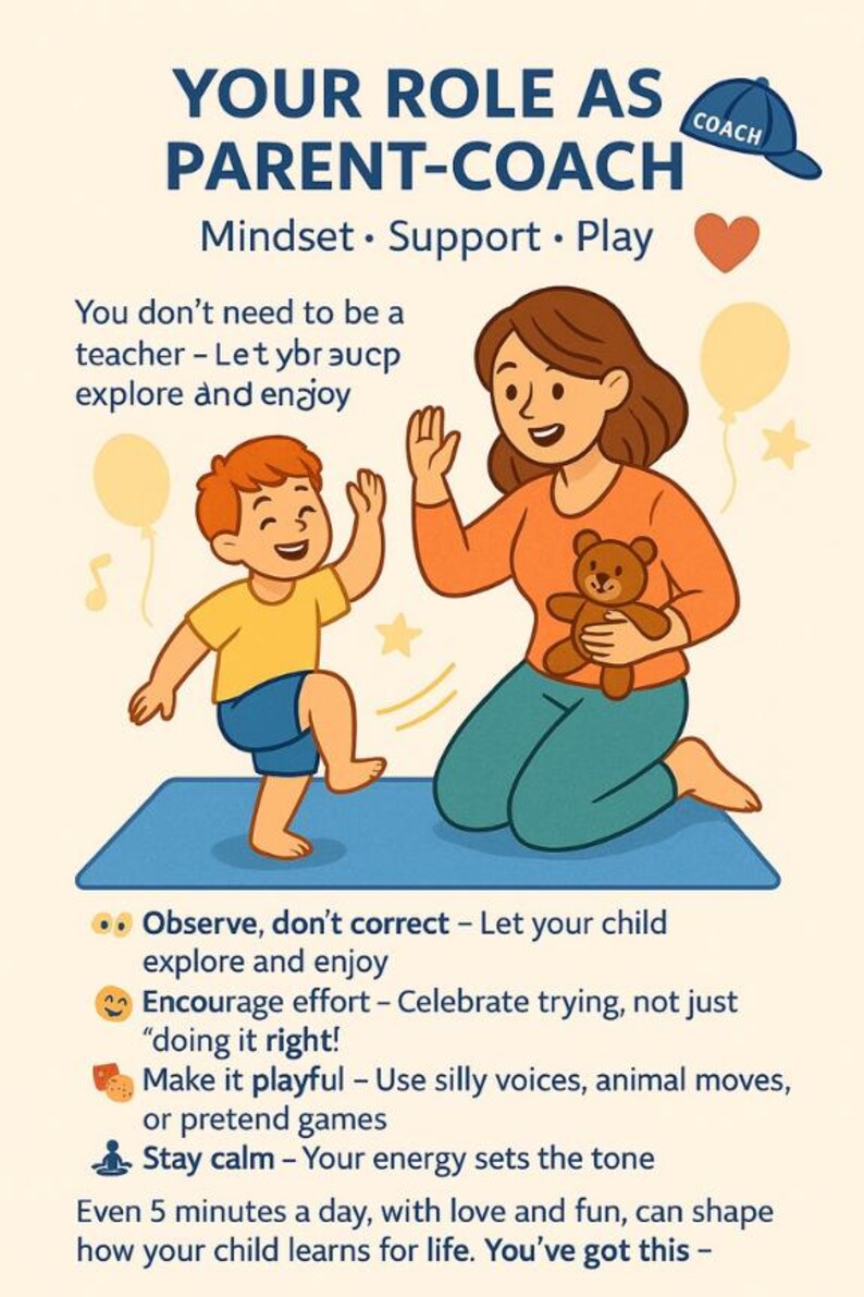 Op de afbeelding: Illustratie over oudercoaching, met een ouder en kind. De afbeelding bevat tekst: "Uw rol als ouder-coach" en tips zoals "Observeer, corrigeer niet" en "Blijf kalm". De kleuren zijn oranje, blauw en geel.