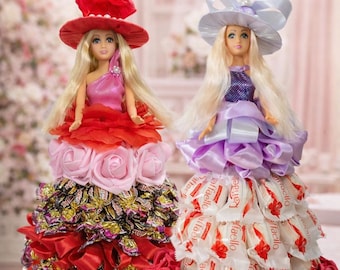 Cadeau met snoeppop, chocoladeboeketpop, handgemaakt zoet cadeau, uniek cadeau voor een vrouw, verjaardagscadeau, luxe snoeparrangement