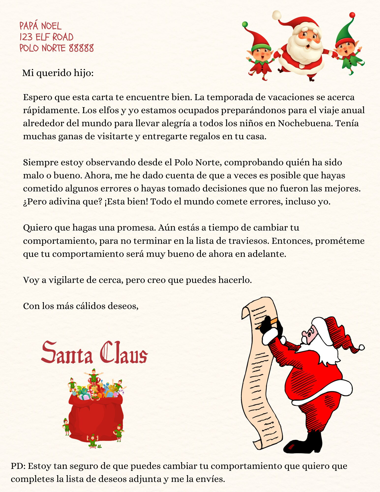 What Is Santa Claus In Spanish Spanish Printable Santa Claus Warning Letter With Wish List - Etsy