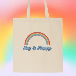 Gay & Happy LGBTQ Gay/Lesbian/Queer/Trans/Nonbinary Pride Cotton Canvas Tote Bag