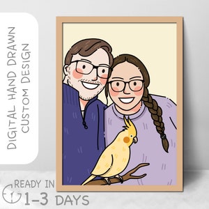 Family Portrait illustration With Pet, Cute Custom Cartoon Drawing, Gift For Mom, personalized gift, couple portrait, Portrait From Photo