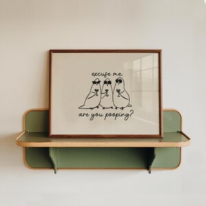 May include: A framed print featuring three cartoon birds wearing sunglasses and holding wine glasses. The text reads "excuse me. are you pooping?" The frame is brown, and the print is displayed on a green and tan shelf.