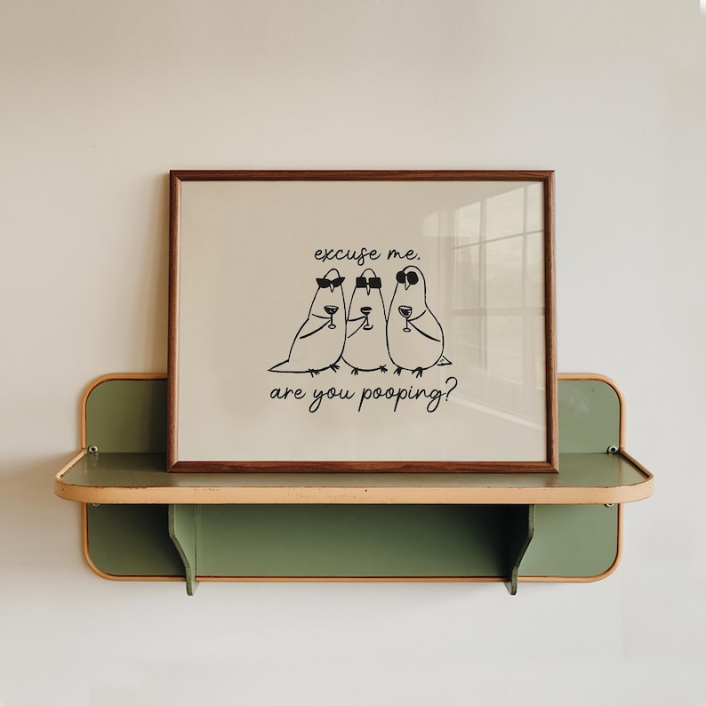 May include: A framed print featuring three cartoon birds wearing sunglasses and holding wine glasses. The text reads "excuse me. are you pooping?" The frame is brown, and the print is displayed on a green and tan shelf.