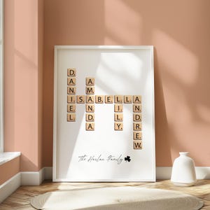 Arte de parede personalizada de Scrabble, família de Scrabble, impressão personalizada de família, palavras cruzadas, impressões personalizadas de ladrilhos de letras, arte de nome de família