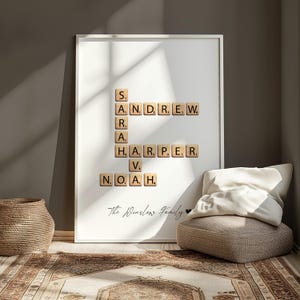 Arte de pared de Scrabble personalizado, letras de Scrabble, nombre de Scrabble, crucigramas, impresiones de mosaicos con letras personalizadas, arte con el nombre de la familia