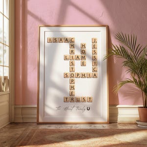 Custom Scrabble Wall Art, custom letter tile prints, birthday gift, crosswords puzzle poster, family name art, scrabble name family sign