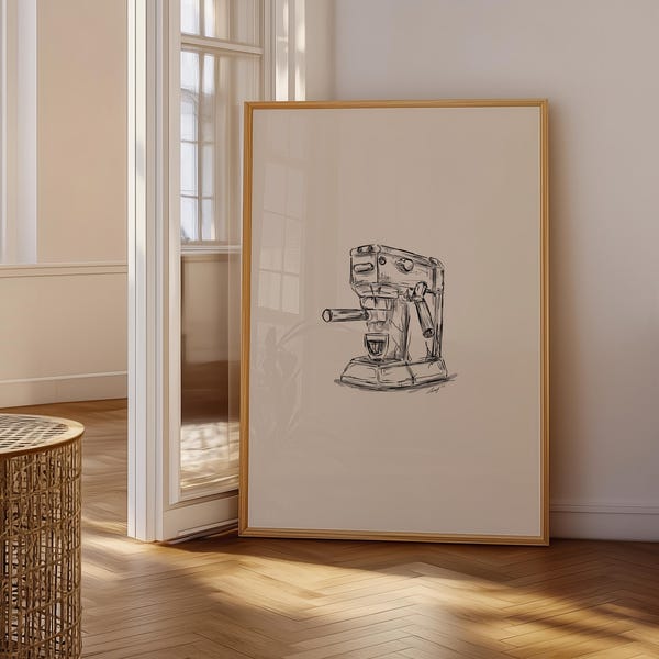 Hand Drawn Minimalist Espresso Machine Print, Vintage Coffee Sketch Wall Art (Digital Download)